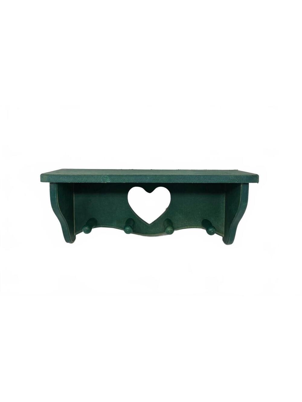 Vintage Green Heart Wall Shelf 4 Pegs Primitive Country Cottage Decor